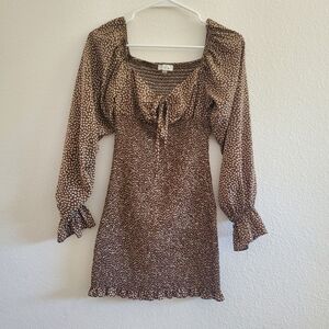 Blush Brown Floral Printed Long-Sleeve Mini Dress Size S